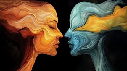 Abstract portrait of two faces, one in warm tones and the other in cool tones, facing each other.