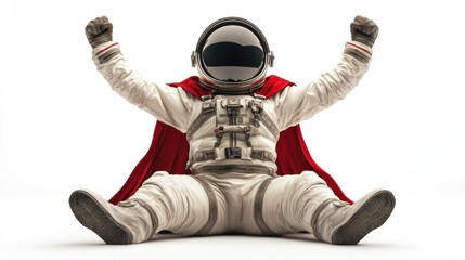 Poster - An astronaut in a red cape sits with arms raised in celebration against a white background.