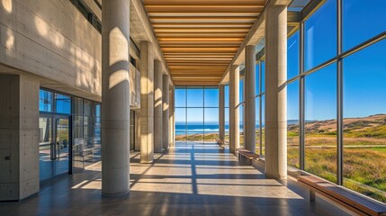 Poster - Modern architectural interior with large windows showcasing coastal views.