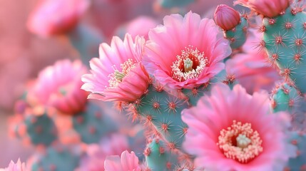 Wall Mural - Pink Cacti Blossoms Close Up in Soft Focus with Gentle Background highlighting the Beauty of Nature's Vibrant Colors and Textures