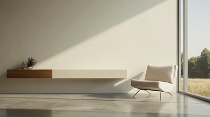 Aufkleber - A minimalist interior with a sleek chair and wall shelf, bathed in natural light.