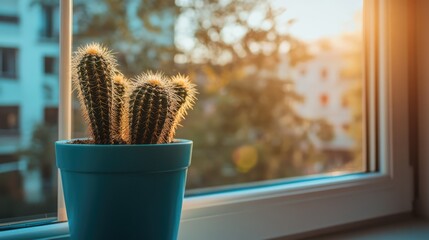 Wall Mural - Cactus potted plant on a sunny windowsill with natural light illuminating the scene