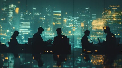 Aufkleber - Silhouettes of professionals in a modern office with a city skyline backdrop.