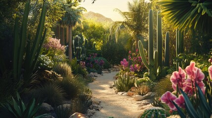 Wall Mural - Cactus trees and colorful orchids thrive together in a lush garden landscape under warm sunlight.