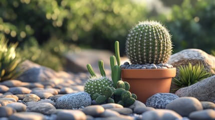 Wall Mural - Cacti in terracotta pots surrounded by decorative stones in a serene garden setting with lush greenery in the background