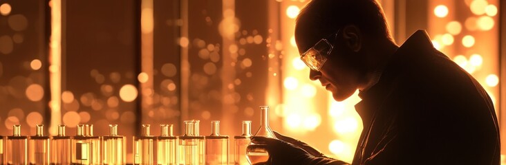 Leinwandbilder - A scientist examines test tubes in a glowing laboratory setting.