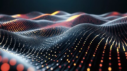 Fototapete - Abstract digital waves with glowing particles create a dynamic visual representation.
