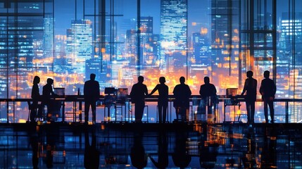 Aufkleber - Silhouetted figures in a modern office against a city skyline at night.