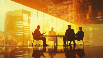 Fototapete - A silhouette of business professionals in a modern meeting room, discussing strategies.