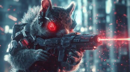Poster - A futuristic squirrel equipped with cybernetic enhancements and a laser weapon.
