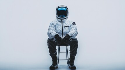 Poster - A figure in a futuristic spacesuit seated on a stool against a minimalistic background.