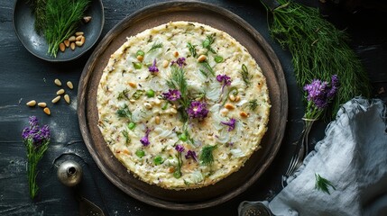 Wall Mural - Delicious herbal cake featuring chicory onions, pine nuts, and vibrant edible flowers on a rustic wooden platter.