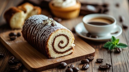 Canvas Print - Delicious cake roll and freshly brewed coffee on rustic wooden table with baked treats and coffee beans surrounding the scene