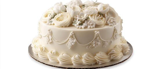 Canvas Print - Elegant white wedding cake adorned with buttercream roses and delicate embellishments on a neutral background