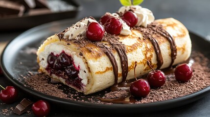 Sticker - Rolled pancake dessert with cream, cherries, and grated chocolate on a plate garnished with chocolate drizzle and mint leaves