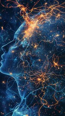Wall Mural - A digital image shows a woman's profile with eyes closed amidst glowing lines and dots, resembling neural connections. The artwork conveys electric energy and innovation against a starry background.