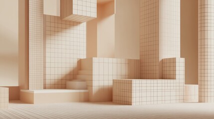 Aufkleber - A minimalist architectural space with grid patterns and soft peach tones.