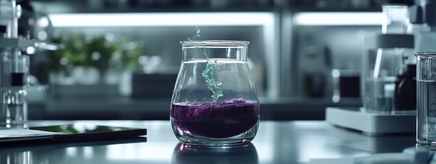 Aufkleber - A laboratory scene featuring a glass container with purple liquid and swirling particles.