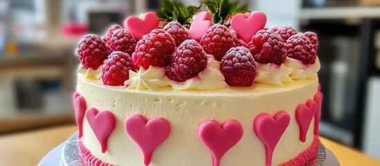 Sticker - Raspberry adorned cake with pink heart decorations perfect for celebrations and special occasions