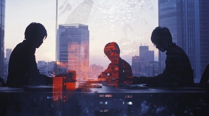 Aufkleber - Silhouetted figures working in an office against a cityscape background at sunset.