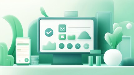 Aufkleber - A digital workspace featuring a computer and smartphone with data visualizations and plants.