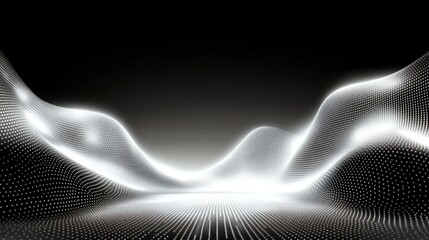 Fototapete - Abstract digital landscape with flowing lines and glowing dots against a dark background.