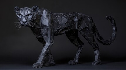 Poster - A geometric black panther sculpture made of triangular facets, showcasing artistic design.