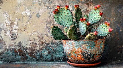 Canvas Print - Cactus in rustic pot against textured background with vibrant colors and ample copy space for creative design or advertising purposes