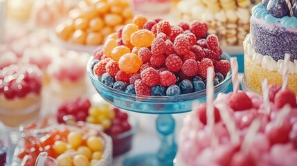 Wall Mural - Assorted colorful cakes and fresh berries displayed elegantly at a vibrant candy bar setting