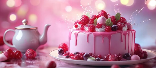 Canvas Print - Elegant berry mousse cake adorned with fresh raspberries and a decorative teapot against a dreamy pink bokeh background.