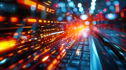 Wall Mural - digital image: laptop keyboard in motion with bright streaks of orange and blue lights, evoking spee
