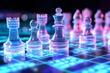 A digital artwork of chess pieces made from glowing data streams, representing the power and complexity of AI in business strategy. The background is an abstract grid pattern with binary code elements