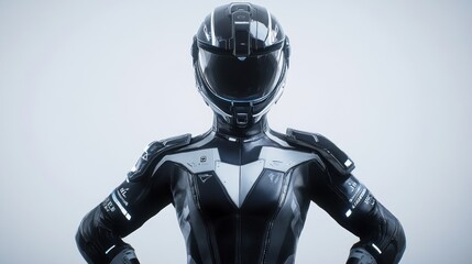 Fototapete - A futuristic figure in a sleek racing suit and helmet, showcasing advanced design and technology.