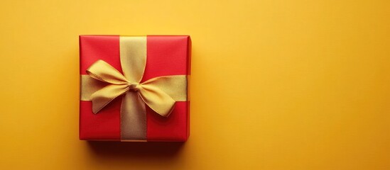 Canvas Print - Red gift box with golden ribbon on vibrant yellow background ideal for holiday promotions and celebration announcements