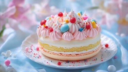 Sticker - Colorful macaron cake adorned with pastel frosting and sprinkles on a delicate plate, perfect for dessert lovers and celebration themes.