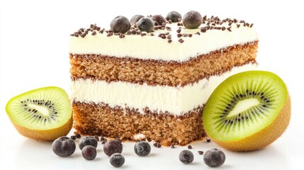 Wall Mural - Delicious cake slice with creamy layers garnished with ripe kiwi slices and fresh blueberries on a white background