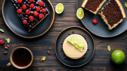 Canvas Print - Delicious assortment of cakes with tea coffee and fresh limes on a rustic wooden table top view culinary delight for dessert lovers