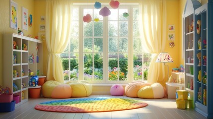 Aufkleber - Bright and cheerful children's playroom with toys, bean bags, and a view of a garden.