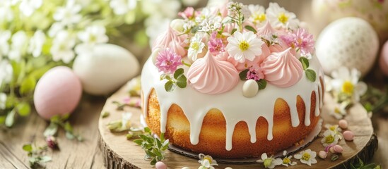 Sticker - Easter cake with white icing and pink meringue flowers on wooden surface decorated with spring herbs and pastel eggs festive design