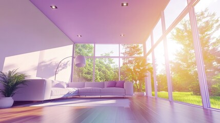 Aufkleber - A bright, modern living room with large windows and a view of greenery outside.