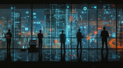 Aufkleber - A group of figures gazing at a futuristic city skyline filled with digital data overlays.