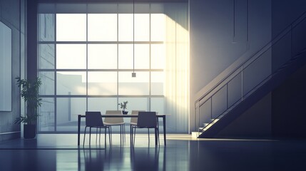 Poster - A modern, minimalist interior featuring a dining area and staircase with natural light.