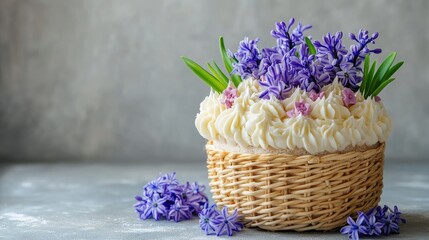 Canvas Print - Elegant cake basket adorned with cream and vibrant spring hyacinth flowers on a rustic countertop.