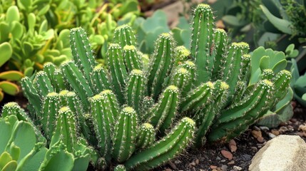 Wall Mural - Cactus cluster in soft focus with vibrant green tones and a natural garden background showcasing desert plant life.