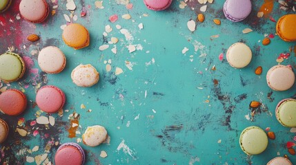 Canvas Print - Colorful macarons scattered on a turquoise background with almond slivers creating a vintage dessert aesthetic from a top view perspective