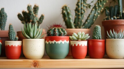 Sticker - Colorful cactus arrangement in decorative pots featuring red and green hues on a wooden shelf against a blurred background.