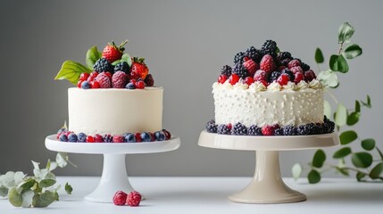 Canvas Print - Elegant dessert display featuring two exquisite cakes topped with fresh berries on a minimalist table setting with greenery accents