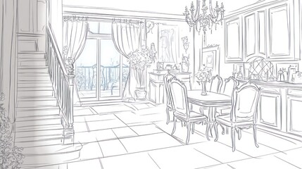 Aufkleber - A sketched interior of a spacious dining area with elegant decor and a staircase.
