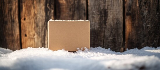 Canvas Print - Brown gift box on snow with wooden background ideal for winter holidays and seasonal celebrations in festive advertising and marketing.