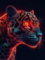 Poster - A glowing, stylized leopard head with neon accents and intense eyes against a dark background.